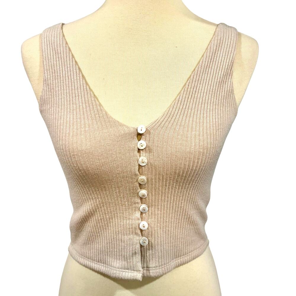 Lulus Beige Ribbed Knit V Neck Button Front Sweater Tank Crop Top Casual Small